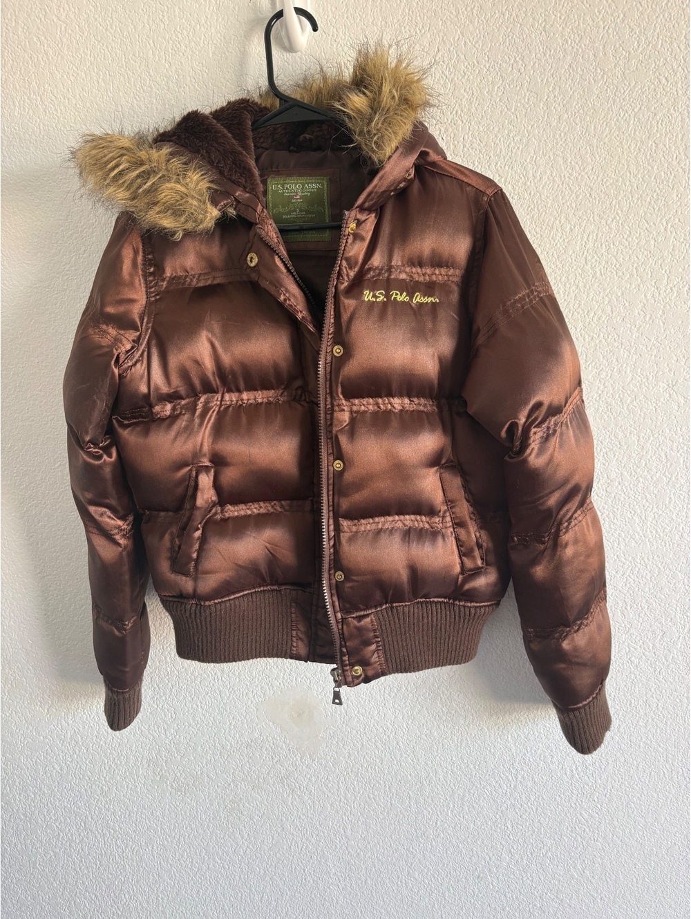 U.S. Polo Assn. Women's Brown Y2K Puffer Jacket with Faux Fur Hood, Size Small